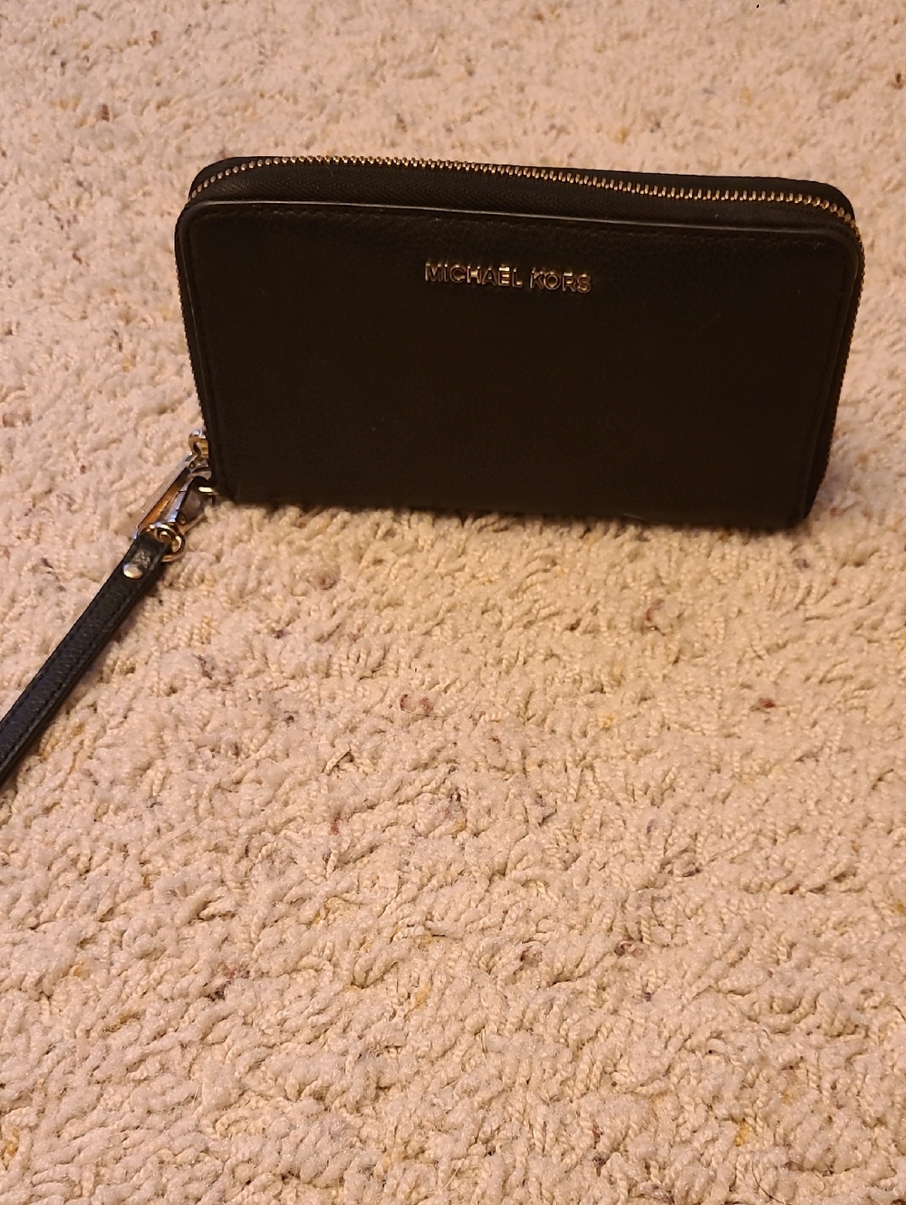 Michael Kors Black Leather Zip Wristlet with Gold Logo